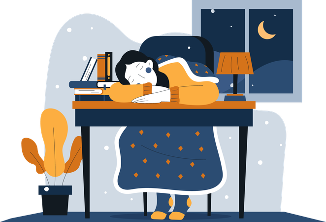 Mujer quedándose dormida en el escritorio del trabajo  Ilustración