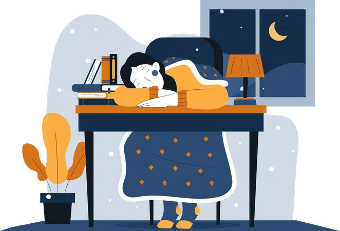 Mujer quedándose dormida en el escritorio del trabajo  Ilustración