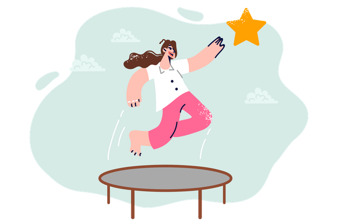 La mujer quiere alcanzar el éxito y alcanzar la estrella y saltar en trampolín.  Ilustración