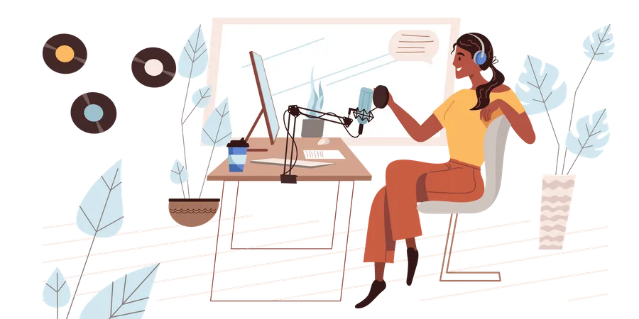Grabacion Del Concepto De Podcast De Audio En Diseno Plano Mujer Con Auriculares Hablando Con Microfono Trabajando En Computadora Transmitiendo Conferencias O Discursos En Estudio El Podcast Presenta Una Escena De Personas Ilustracion Vectorial Ilustración