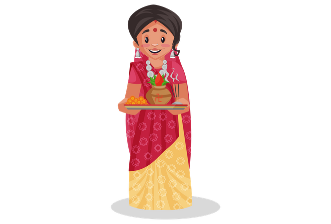 Mujer rajasthani india sosteniendo un plato de adoración  Ilustración
