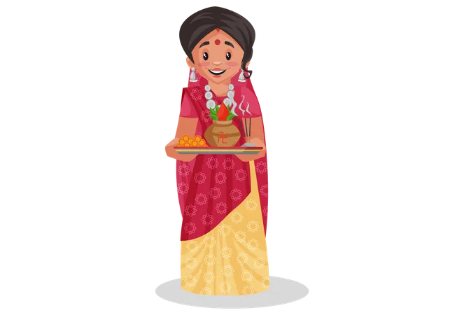 Mujer rajasthani india sosteniendo un plato de adoración  Ilustración