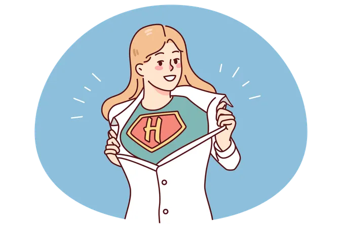 Mujer con camisa rasgada muestra señal de superhéroe  Ilustración