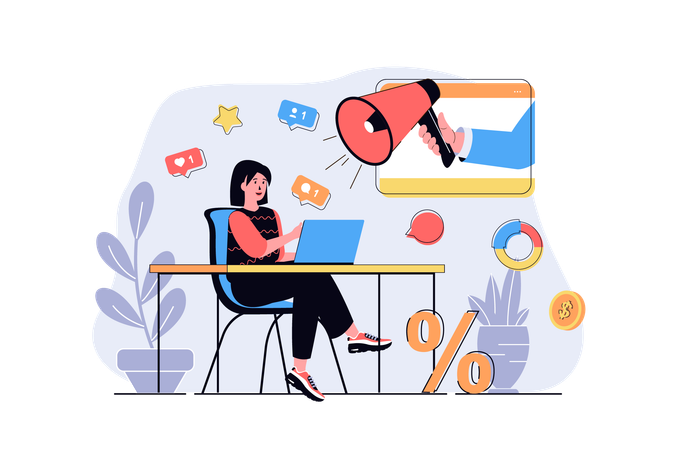Mujer hace campaña publicitaria online  Ilustración