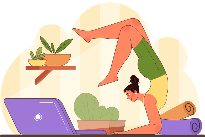 Mujer realiza clase de yoga online  Ilustración