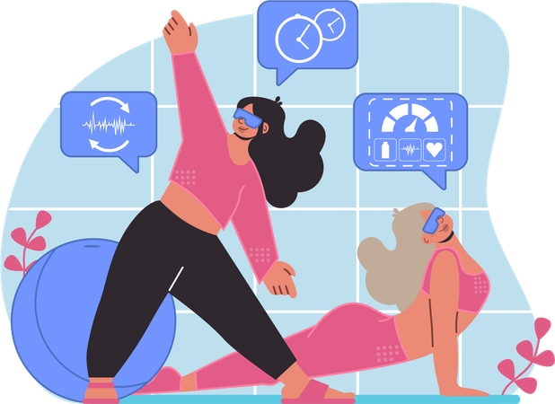 Mujer realiza ejercicio de realidad virtual  Ilustración