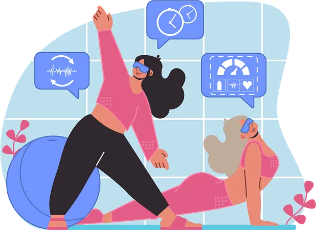 Mujer realiza ejercicio de realidad virtual  Ilustración