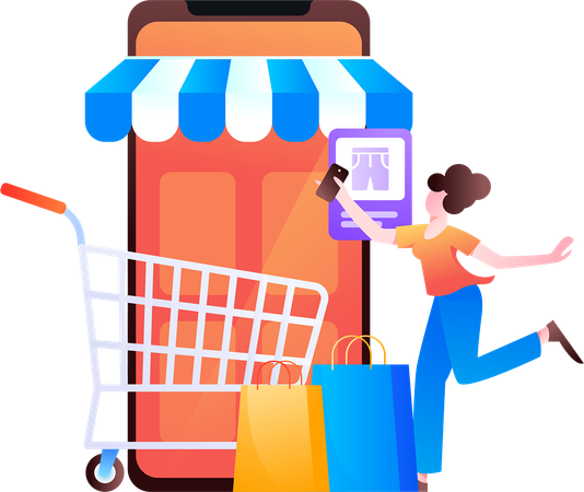 Mujer haciendo compras en línea desde el sitio web  Ilustración