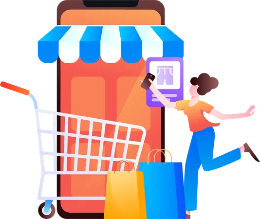 Mujer haciendo compras en línea desde el sitio web  Ilustración