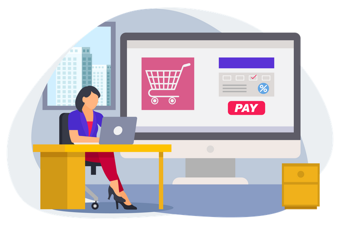 Mujer realizando pagos por compras en línea desde el horario de trabajo de la oficina.  Ilustración