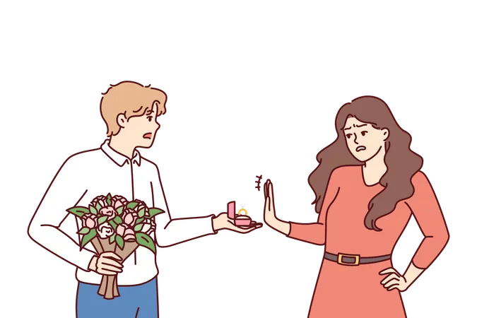 Mujer rechaza propuesta de matrimonio de hombre que sostiene anillo de compromiso y ramo de flores  Ilustración
