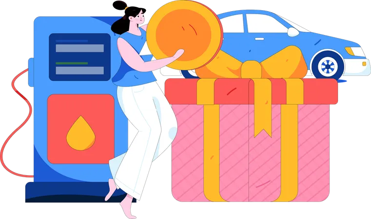 Mujer recibe cupón de gasolinera  Ilustración