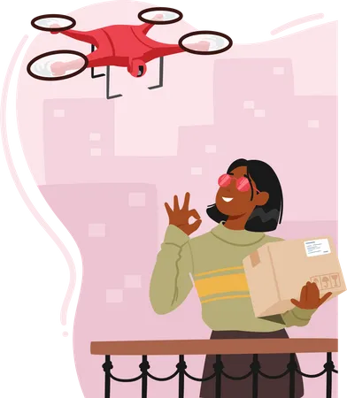 Mujer recibe un paquete a través del servicio de entrega con drones  Ilustración