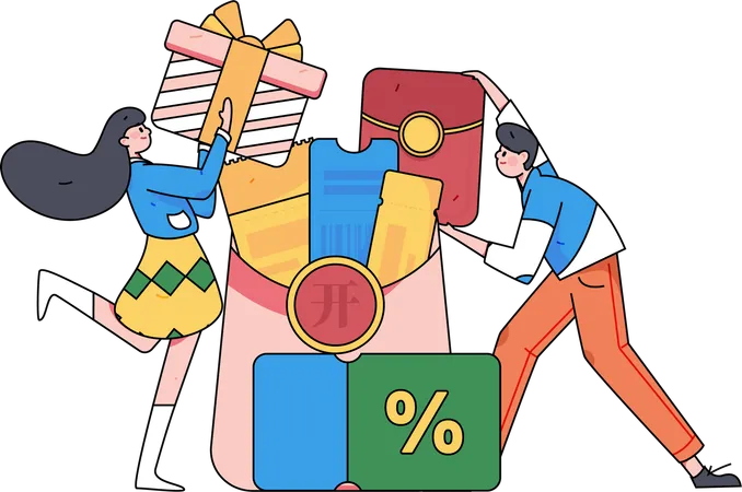 Mujer recibe cupón digital en compras online  Ilustración