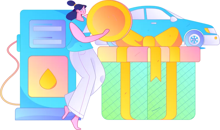 Mujer recibiendo un cupón de una gasolinera  Ilustración