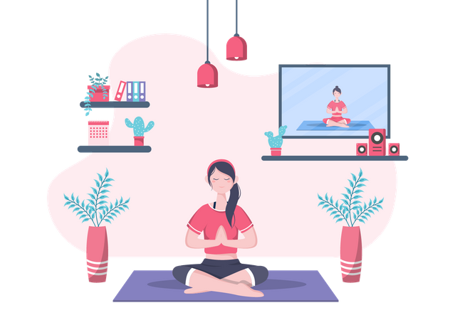 Mujer recibiendo lecciones de yoga y meditación en línea  Ilustración