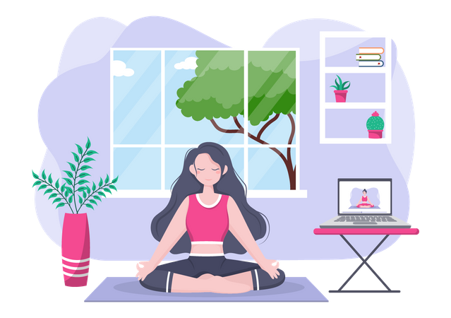 Mujer recibiendo lecciones de yoga y meditación en línea  Ilustración