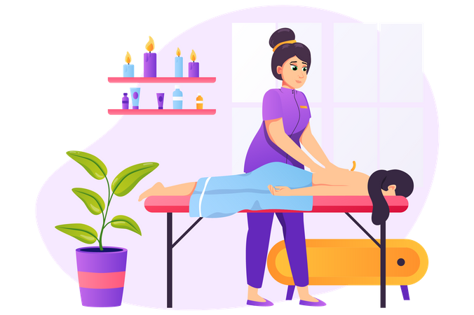 Mujer tomando masaje de espalda al cliente  Ilustración