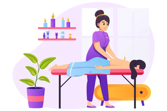 Mujer tomando masaje de espalda al cliente  Ilustración