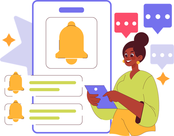 Mujer recibiendo una notificación en su teléfono inteligente  Ilustración
