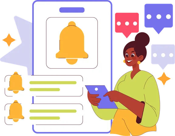 Mujer recibiendo una notificación en su teléfono inteligente  Ilustración
