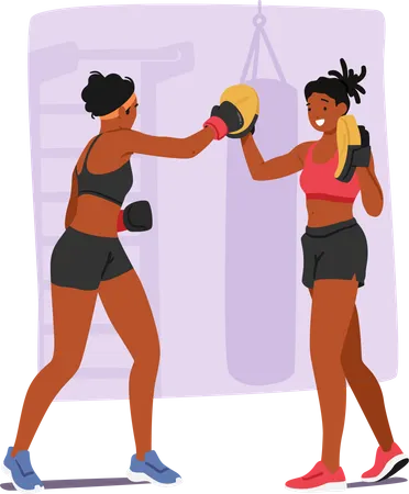 Mujer que recibe orientación personalizada y apoyo de un entrenador personal durante el entrenamiento de boxeo  Ilustración