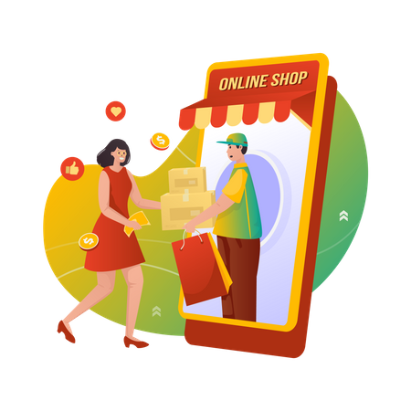Mujer recibiendo paquete de compras en línea  Ilustración