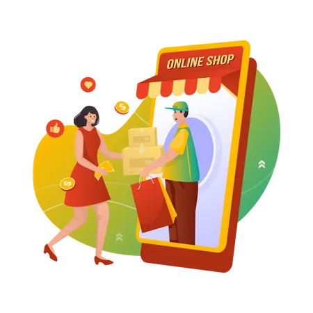 Mujer recibiendo paquete de compras en línea  Ilustración