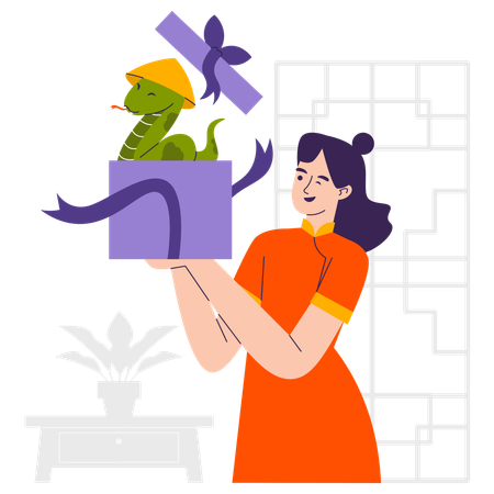 Mujer recibiendo una serpiente como regalo  Illustration