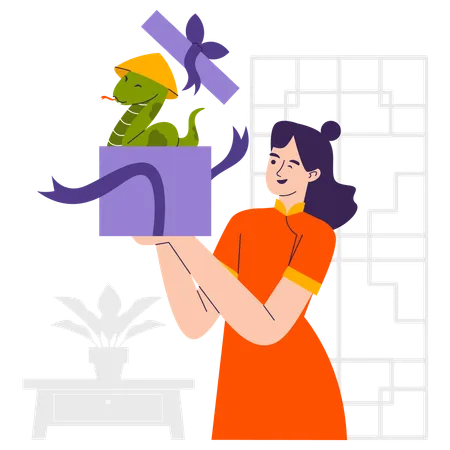 Mujer recibiendo una serpiente como regalo  Illustration