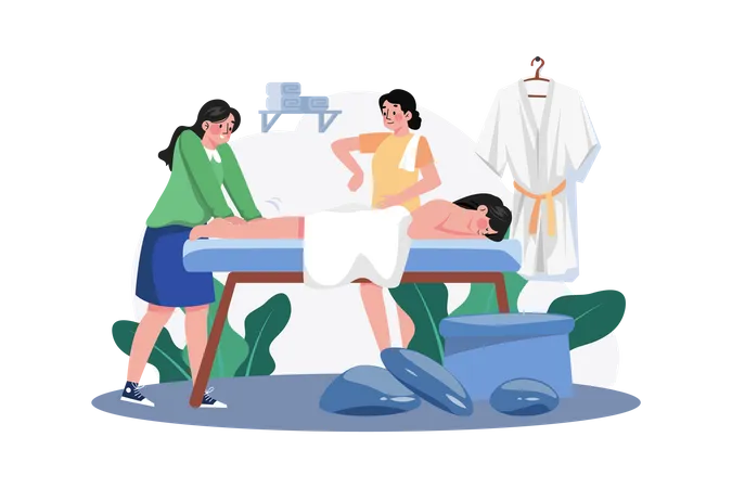Mujer recibiendo servicio de masaje de pies por parte de una masajista  Ilustración