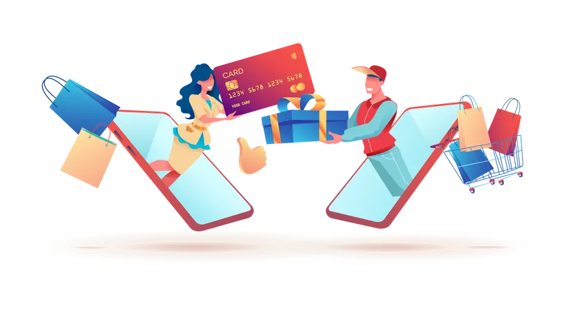 Mujer recibiendo entrega y realizando pago en línea  Ilustración