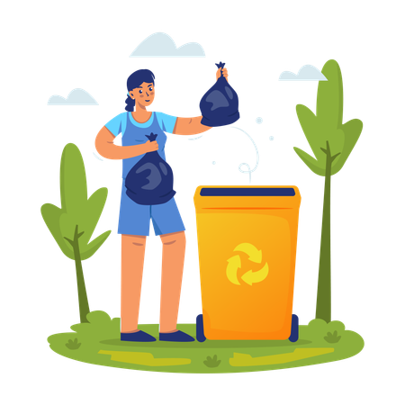 Mujer reciclando un contenedor de basura  Ilustración