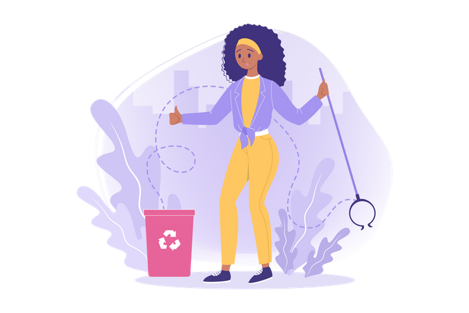 Mujer recogiendo basura  Ilustración