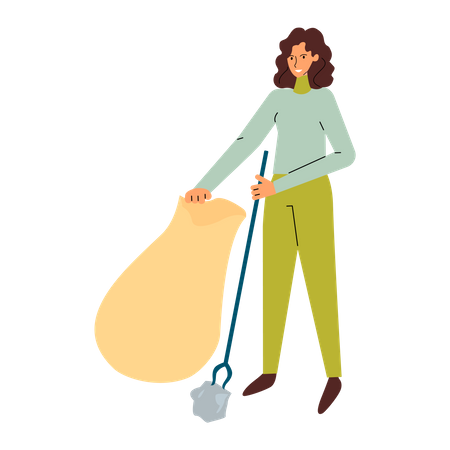 Mujer recogiendo basura de la calle con una herramienta recolectora de basura en una bolsa de plástico  Ilustración