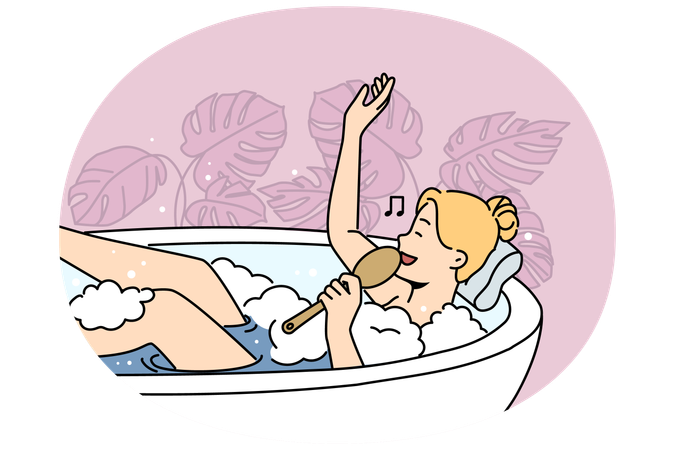 Mujer tumbada en la bañera cantando  Ilustración