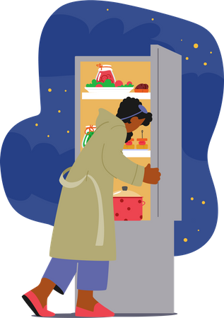 Mujer abre el refrigerador en busca de un refrigerio de medianoche  Ilustración