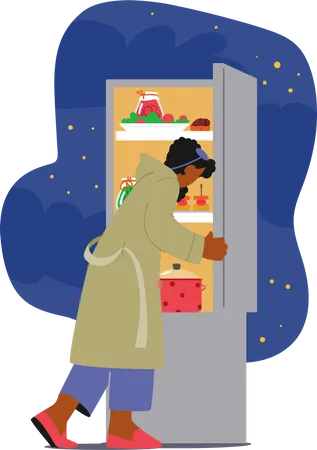 Mujer abre el refrigerador en busca de un refrigerio de medianoche  Ilustración