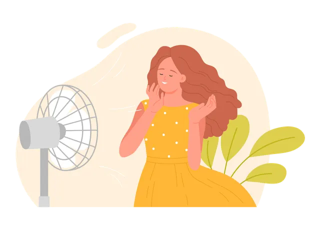 Mujer enfriándose en un ventilador eléctrico  Ilustración