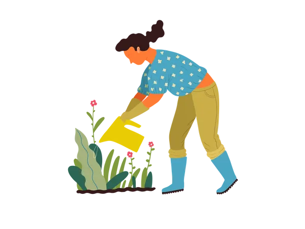 Mujer regando para plantar  Ilustración