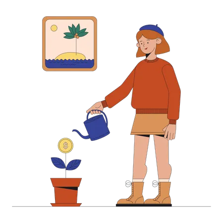 Mujer regando planta de dinero  Ilustración