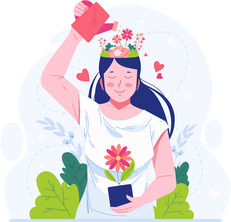 Mujer regando flores que crecen en su cabeza  Ilustración