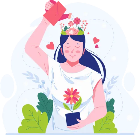 Mujer regando flores que crecen en su cabeza  Ilustración