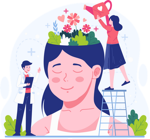 Mujer regando flores que crecen en una enorme cabeza femenina  Ilustración