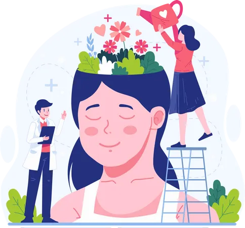 Mujer regando flores que crecen en una enorme cabeza femenina  Ilustración