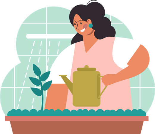 Mujer regando la planta  Ilustración