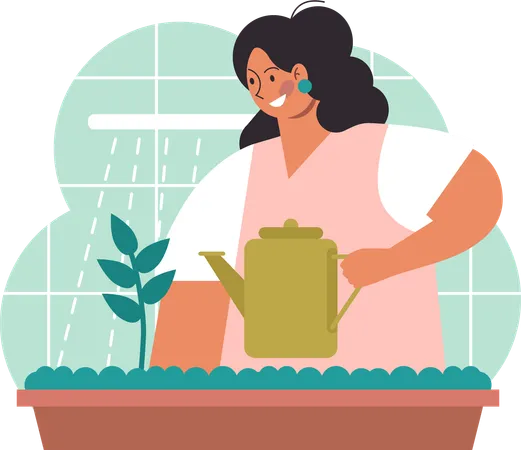 Mujer regando la planta  Ilustración