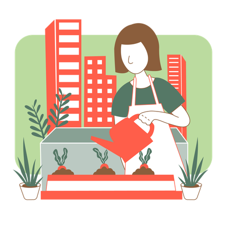 Mujer regando la planta  Ilustración