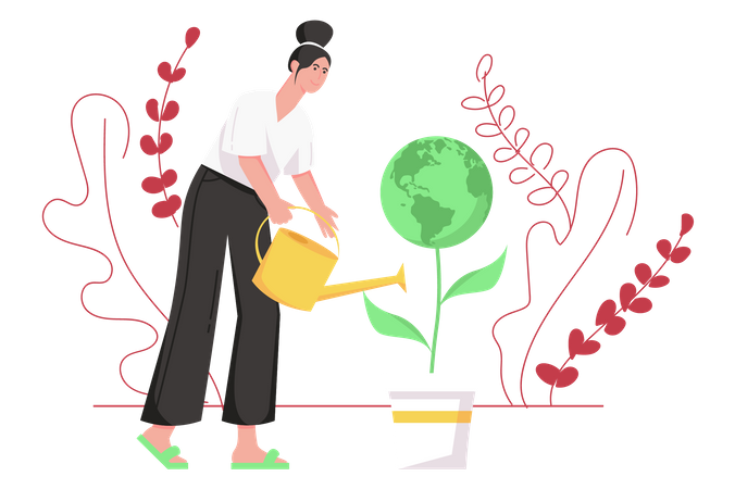 Mujer regando la planta  Ilustración