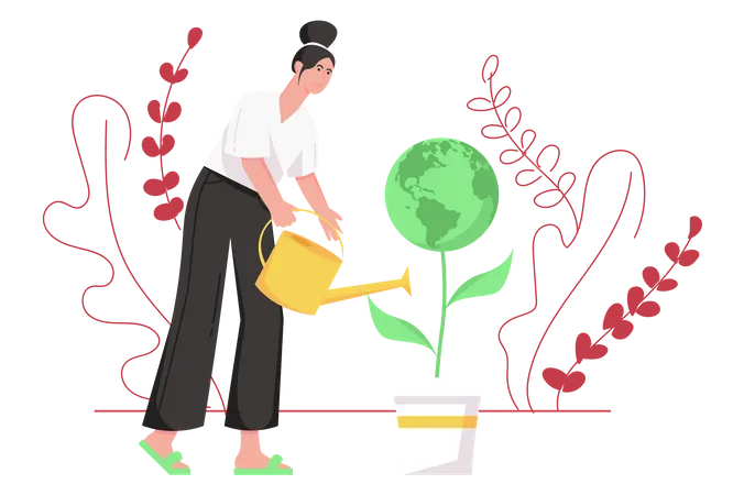 Mujer regando la planta  Ilustración